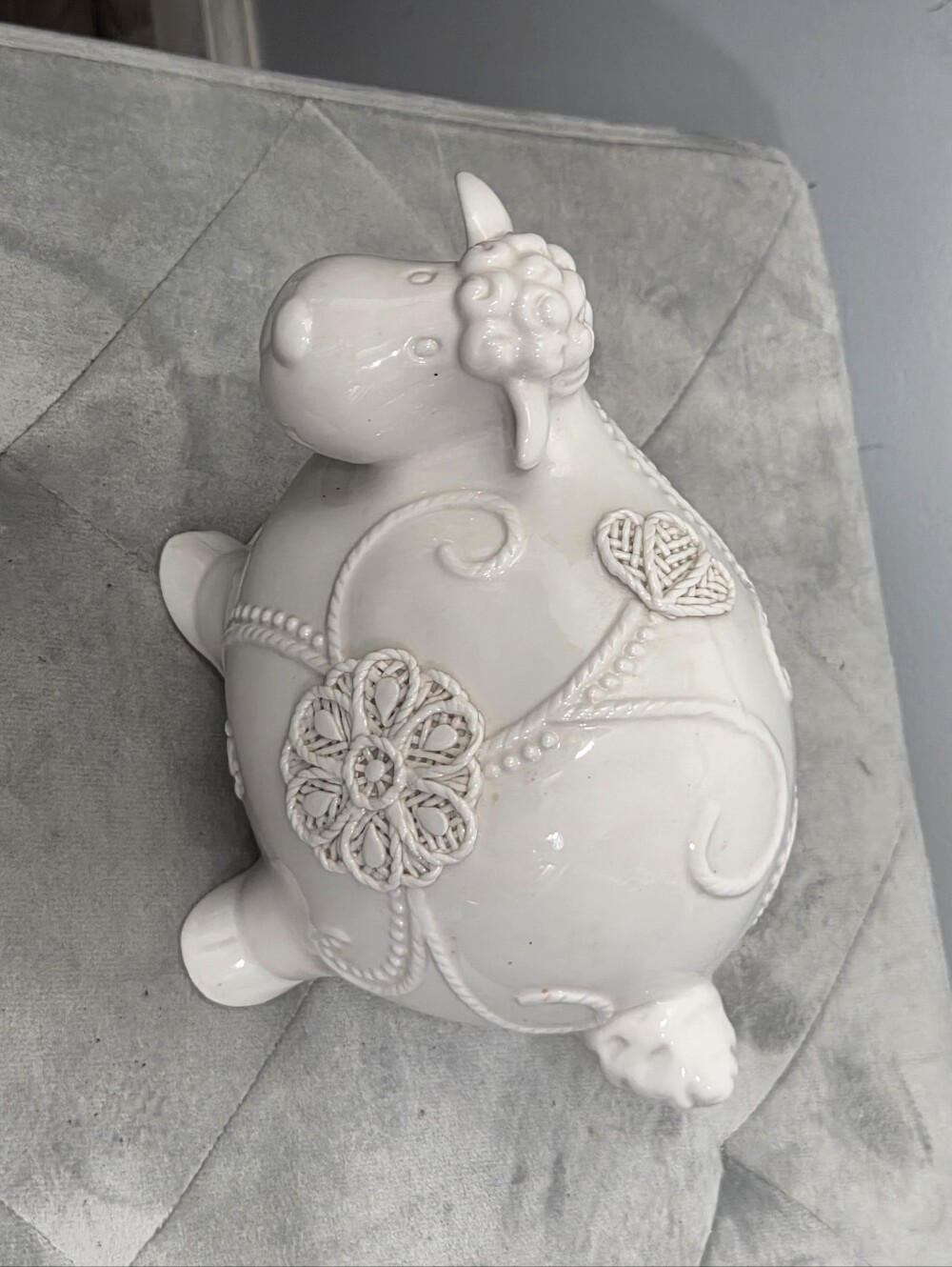 White 6.5X8.5" Floral Design Sheep Lamb Scultpure Figurine